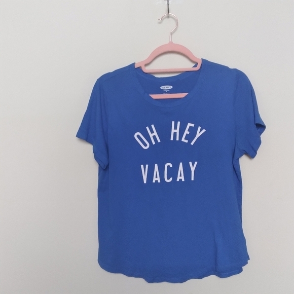 Old Navy Blue and White Oh Hey Vacay Cotton Crew Neck Graphic Tee Size Medium - Picture 2 of 7